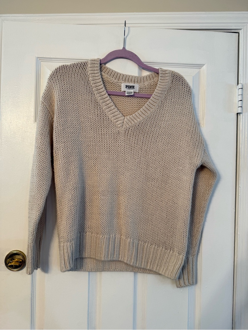 PINK Victoria's Secret Chunky V-Neck Sweater in Beige
